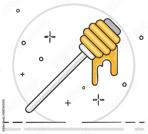 Golden honey dripping from a honey dipper stick kitchen tool illustration