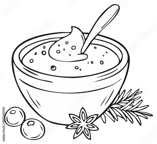 Bowl of dip with star anise, rosemary sprig, and berries, vector illustration