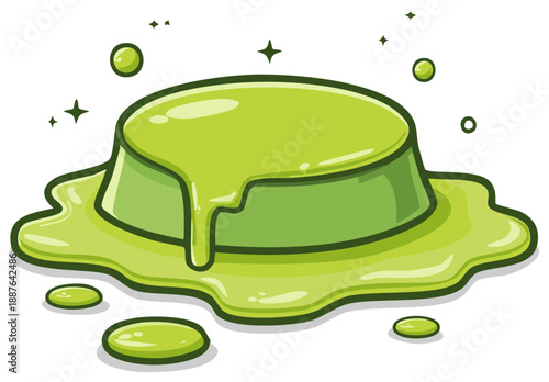 Cartoon Green Dessert Panna Cotta with Drizzle and Stars. Food Illustration Art