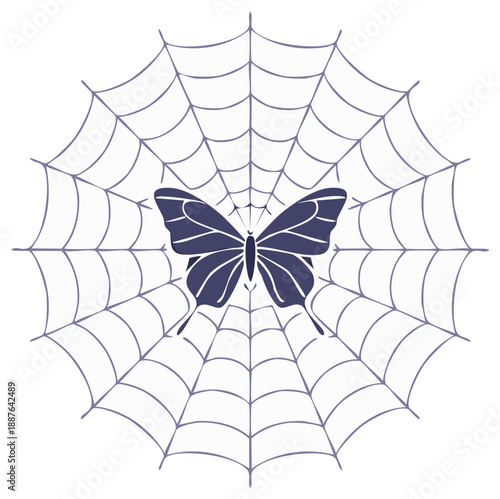 Stylized butterfly in spider web design element, insect caught, danger concept and vector design