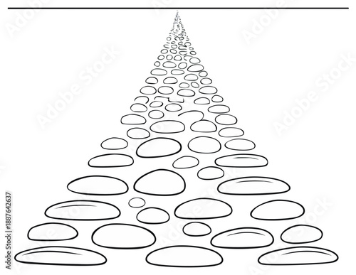 Black and white line art illustration of a stone pathway receding into the distance