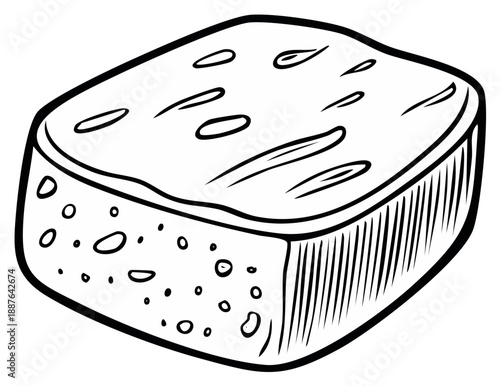 Black and white illustration of a porous cheese block with holes and lines