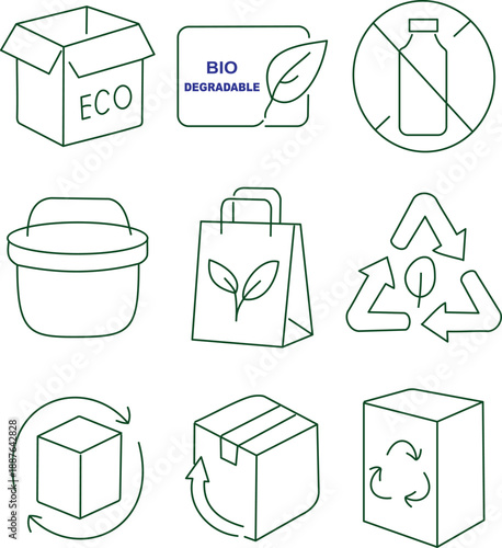 Line icons illustrating eco-friendly packaging, biodegradability, and recycling concepts