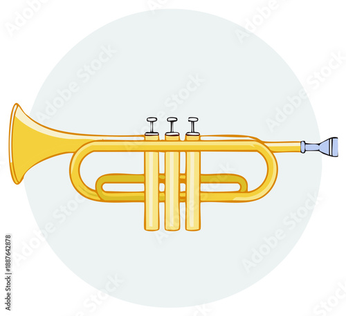 Illustration of a golden trumpet with valves, slide, and mouthpiece on a light blue background.