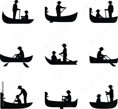 Traditional boatmen silhouettes rowing small boats on river, minimalist black icons set showing fishermen, transport, rural lifestyle, water travel and cultural activities