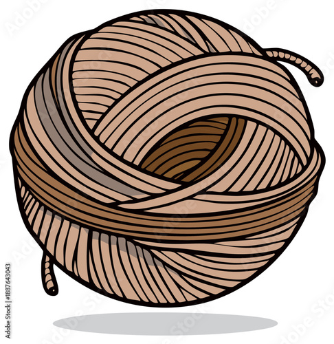 Tangled ball of brown yarn, illustration style. Graphic element for crafting projects.