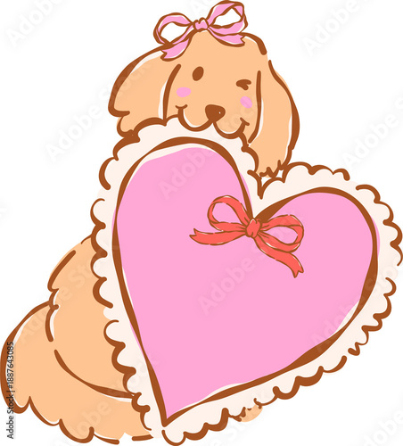 Whimsical golden retriever valentine dog  Holding a Pink Heart hand drawn