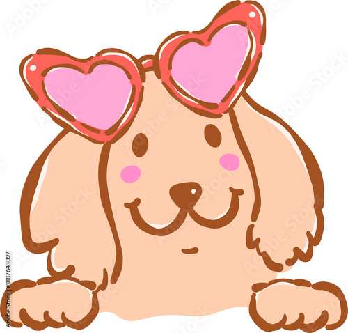 Whimsical golden retriever valentine dog  with Heart Shaped Sunglasses hand drawn
