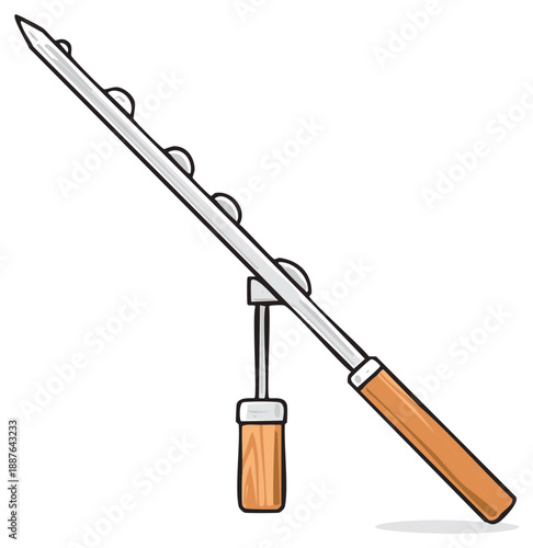 Traditional shashlik skewer with handle illustration. Cartoon skewers drawing for cooking meat on the grill. Simple sketch clip art