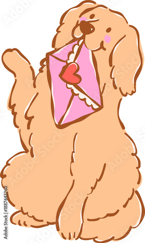 Whimsical Golden Retriever Valentine Dog Holding Love Letter Illustration Hand Drawn