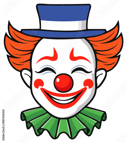 Smiling Clown Face with Red Nose, Hair, and Make-up, Cartoon Style