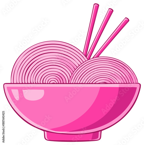 A vibrant pink bowl of ramen noodles with chopsticks cartoon style vector graphic