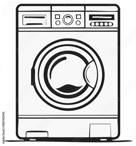 Washing machine vector illustration, laundry appliance symbol, black and white outline.