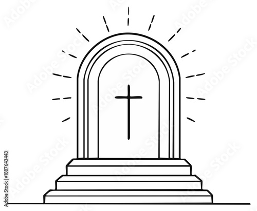 Stylized glowing arched gateway with a cross silhouette and radiating light lines