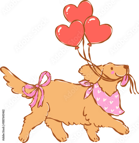 Whimsical Golden Retriever Valentine Dog  Holding Heart Balloons Illustration Hand Drawn