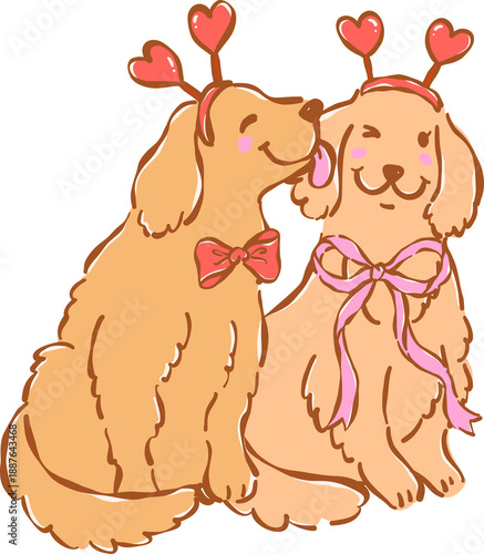 Whimsical Golden Retriever Dog Couple Celebrating Valentine's Day Together Illustration Hand Drawn