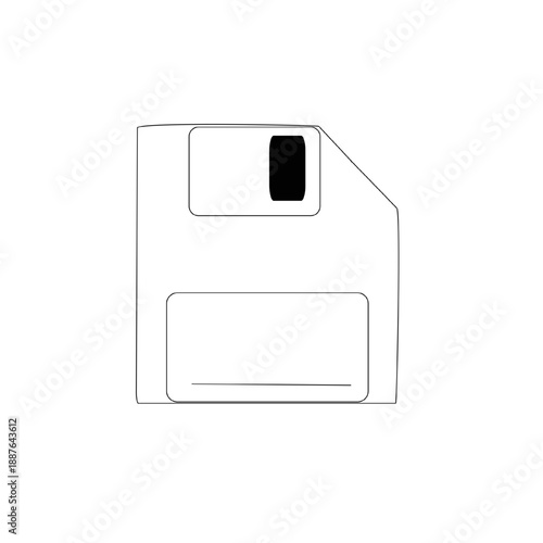Minimal line icon of a floppy disk. Save file, data storage or save action concept. Clean black outline vector isolated on white background.