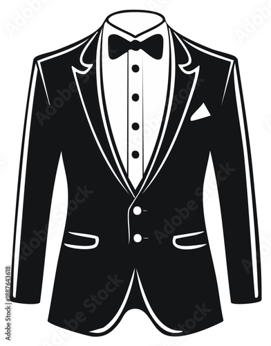 Elegant formal black suit with bow tie and shirt, vector illustration for fashion design.