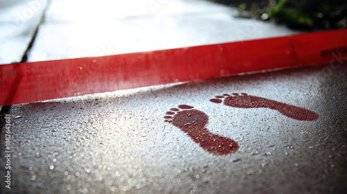 trespass. Red caution tape on ground with footprints crossing it, morning dew, soft daylight. event key visuals, club posters, designed for fitness apps and gym onboarding, supports training.
