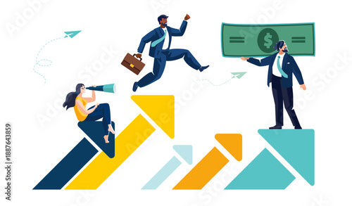Handshake, business concept, people. Money, Businessman with dollar, investor, woman with binoculars explore financial market, gold cents. Signing of documents, successful contract.Vector illustration