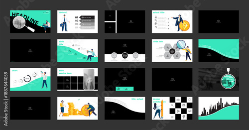 Business presentation, gold dollar coins, annual report. Set, powerpoint. Infographic design, green black elements Team of people analyzes monetary and financial circulation, photo Vector illustration