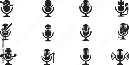 Various black silhouette microphone icons for sound recording, podcasting and broadcasting