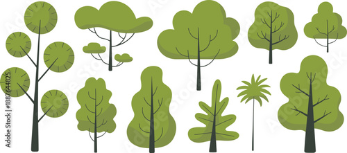 Stylized green trees and plants illustration set, flat forest nature elements, modern cartoon woodland graphics for games