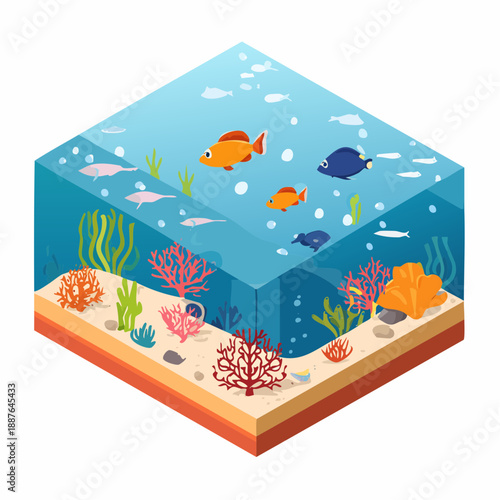 Isometric Underwater Scene with Coral Reef and Fish.