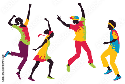 Holi Festival Dancing People Silhouette Vector, Colorful Indian Culture Celebration Graphic