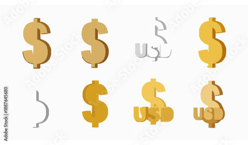 3D dollar sign icon set in gold white and yellow for finance concepts
