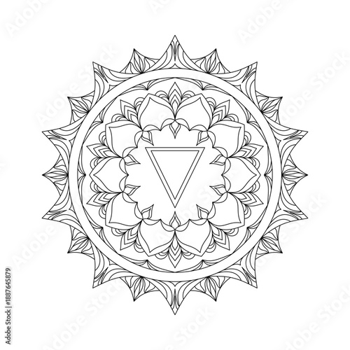 Hand drawn Solar Plexus Chakra mandala vector. Manually sketched Manipura symbol featuring inverted triangle and ten petals. Spiritual outline for willpower and yellow energy.