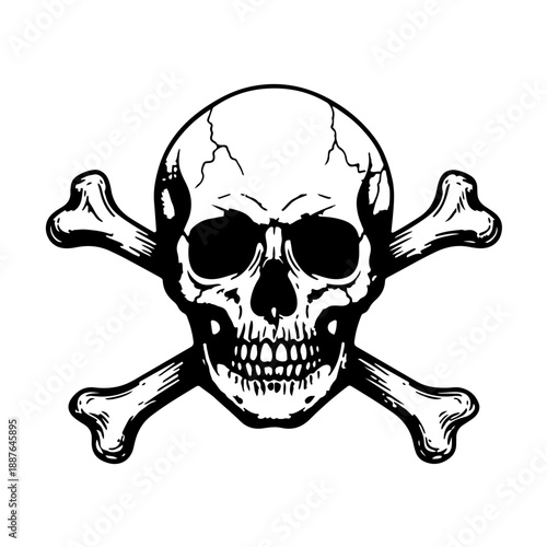 Hand drawn skull and crossbones vector illustration, pirate jolly roger symbol, vintage anatomy sketch isolated on white background