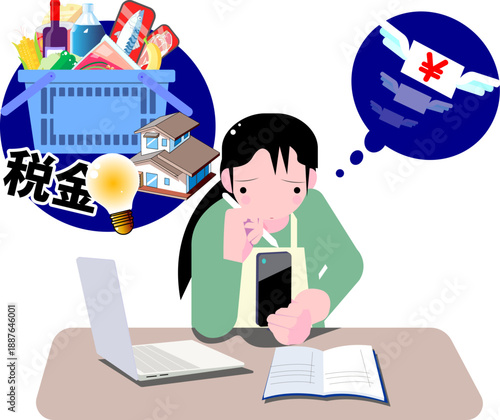 家計簿をつけながら物価高や生活費の支払いに悩む主婦のイラスト
