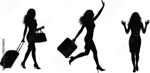 Elegant female traveler silhouettes with suitcase and handbag, confident woman walking jumping posing, travel lifestyle fashion illustration concept isolated vector