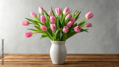 Wallpaper Mural Fresh pink tulips in a white vase placed on a wooden table against a light wall in a simple indoor setting Torontodigital.ca