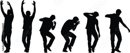 Male dancer silhouettes performing energetic dance moves jumping posing celebrating freedom rhythm music lifestyle illustration isolated vector black background concept