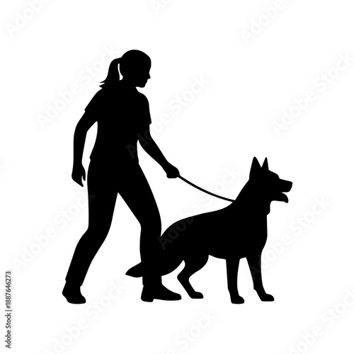 Black silhouette of female dog trainer walking German Shepherd. Woman with pet on leash vector illustration