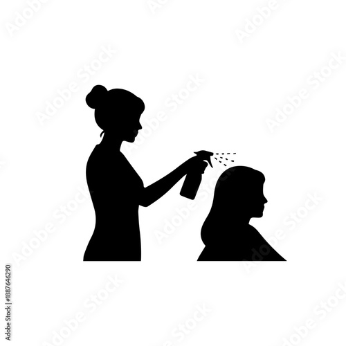 Silhouette of hairdresser spraying water on client hair. Barber shop and beauty salon vector icon. Hair styling and care concept
