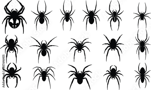 Collection of Black Spider Silhouettes, Various Creepy Insect Icons for Halloween Decoration, Arachnid Symbols for Horror Design, Tattoo Art, and Vector Graphic Projects