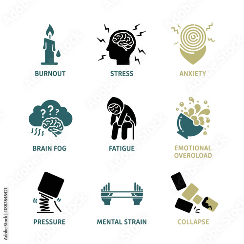 Mental health and stress icon set. Burnout anxiety and emotional overload symbols. Flat vector illustration of psychological pressure and fatigue concepts