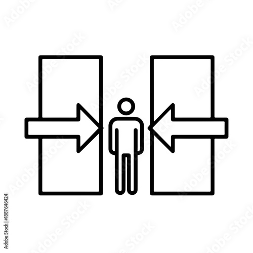 Emotional overload and pressure concept. Minimalist figure standing between arrows. Line art vector illustration. Stress and anxiety symbol for mental health and workplace wellness