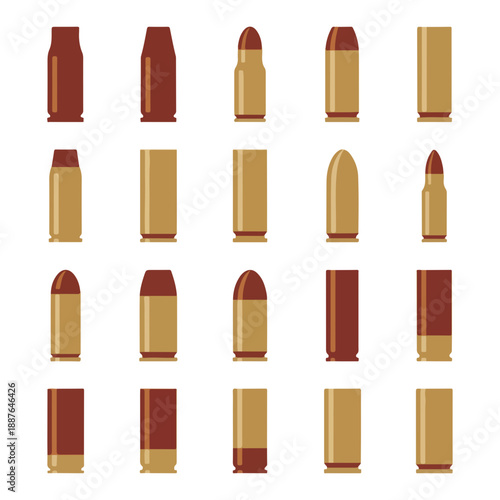 Ammunition and bullet icon set. Flat design vector illustration of various shell casings and cartridges. Military and firearm symbols isolated on white