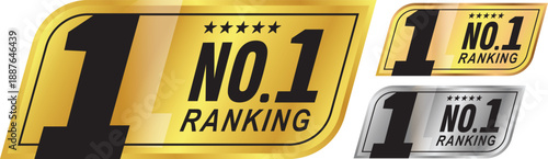 Number 1 Rank Award Badge. Number one rank icon. Number 1 gold label. For logo, emblem, seal, sign, symbol, stamp, sticker, emblem, banner. Vector Image