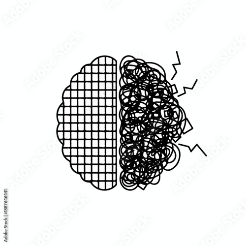 Brain graphic representing emotional overload and pressure. Logic vs chaos concept. Minimalist line art vector illustration isolated on white background