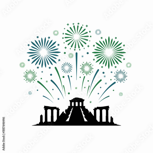 Fireworks above ancient temple ruins. Stylized vector illustration of Greek Acropolis silhouette with teal and green firework bursts. Celebration and travel concept isolated on white