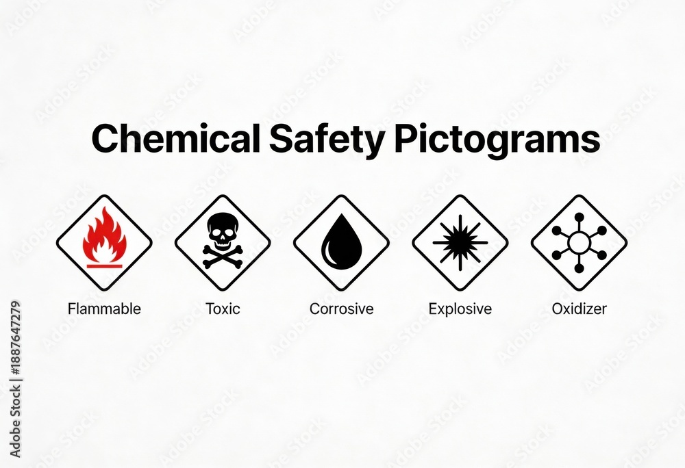 Obraz premium Chemical safety pictograms illustrating flammable toxic corrosive explosive and oxidizer hazards emphasizing essential safety precautions in modern chemical handling