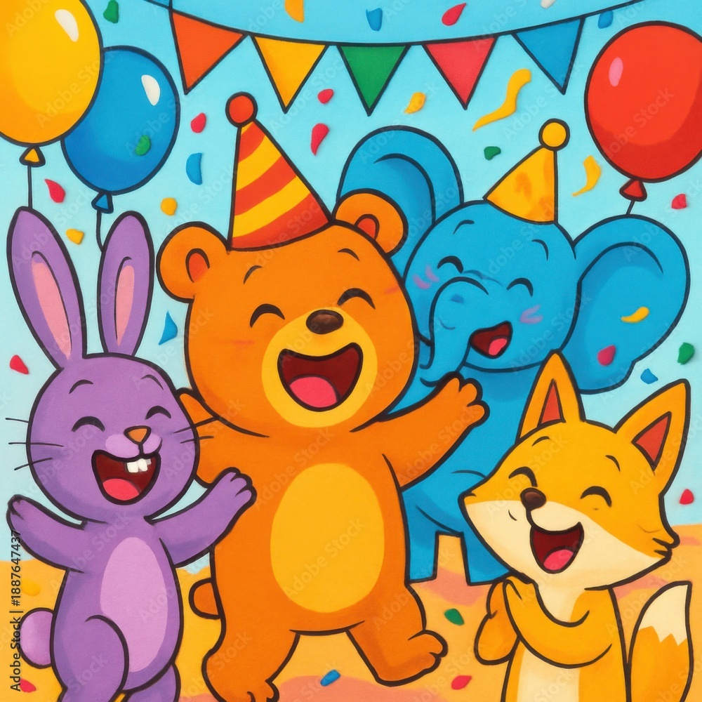 Naklejka premium Delightful cartoon animal birthday party with festive decorations and joyful expressions