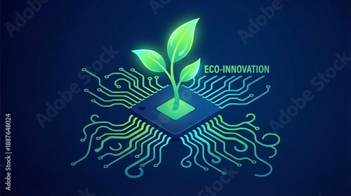 Green Plant Sprout Growing Through Technology Microchip and Gear Concept Illustration
