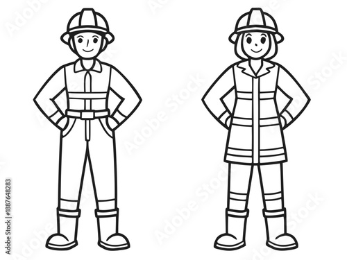 Vector flat illustration set of line art female and male firefighter officers in uniform poses