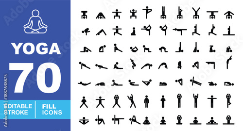Yoga solid fill icon set. Editable stroke icons for Fitness Apps, Yoga Studio Branding, and Comprehensive Wellness Guides. Featuring an extensive Lotus pose, inversions like Headstand and Handstand